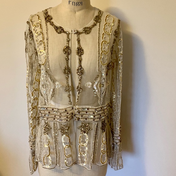 Net Cream Rhinestone Sequin Bead Jacket Medieval Style - Picture 11 of 13
